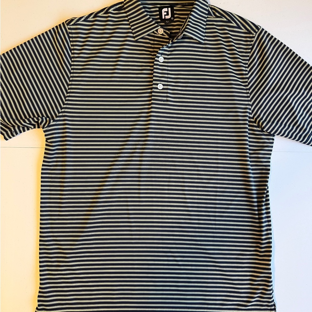 Footjoy FJ Men's Striped Polo Shirt - Navy Blue and Green Size M
